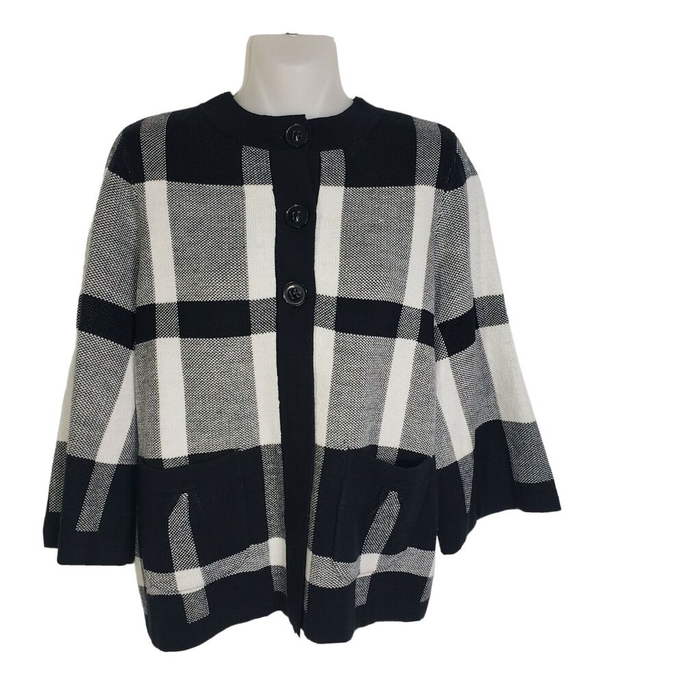 Designers Originals Womens Cardigan Sweater Medium Black Ivory Buffalo Plaid